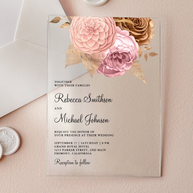 Pink Roses Earthy Floral Wedding Acrylic Invitations (Creator Uploaded)