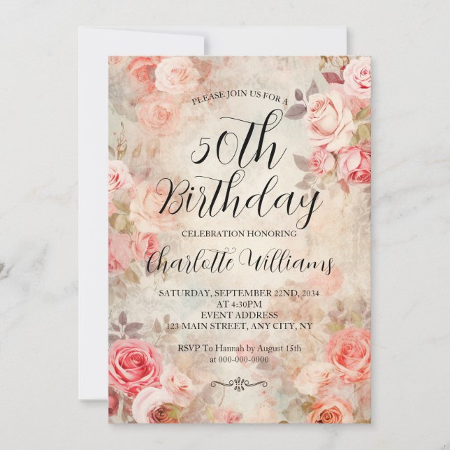 Pink Roses Elegant 50th Birthday Invitation (Front)