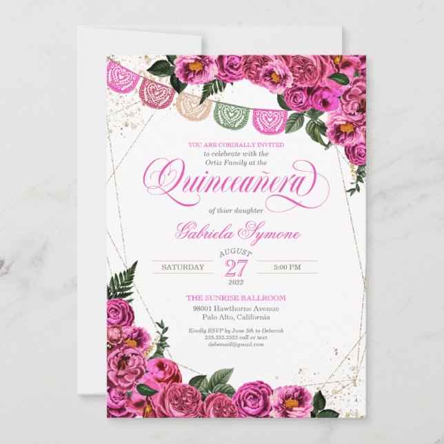 Pink Roses Elegant Fiesta Floral Quinceañera Invitation (Front)