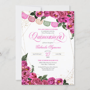 Pink Roses Elegant Fiesta Floral Quinceañera Invitation