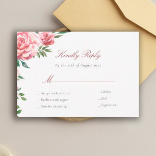 Pink roses elegant meal choices wedding RSVP card