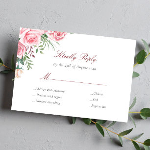 Pink roses elegant meal choices wedding RSVP card