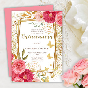 Pink Roses Elegant Spanish Quinceañera Mis Quince Invitation