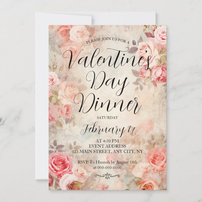 Pink Roses Elegant Valentine's Day Dinner Party Invitation (Front)