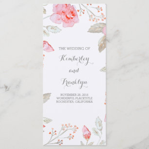 Pink Roses Elegant Watercolor Wedding Programs Programme