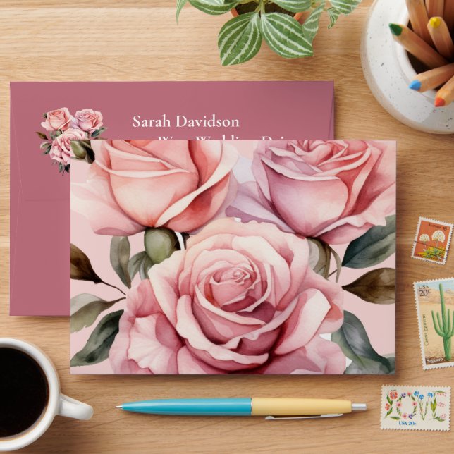 Pink Roses Elegant Wedding Envelopes (Desk)