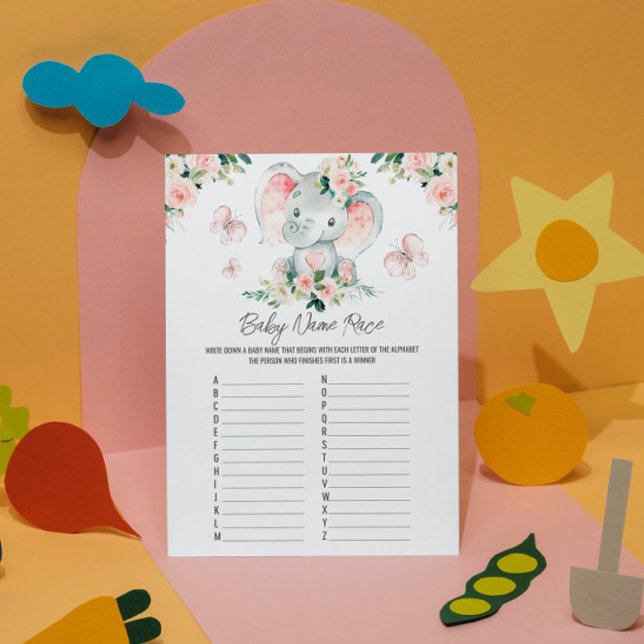 Pink Roses Elephant Baby Name Race Baby Shower Invitation (Creator Uploaded)