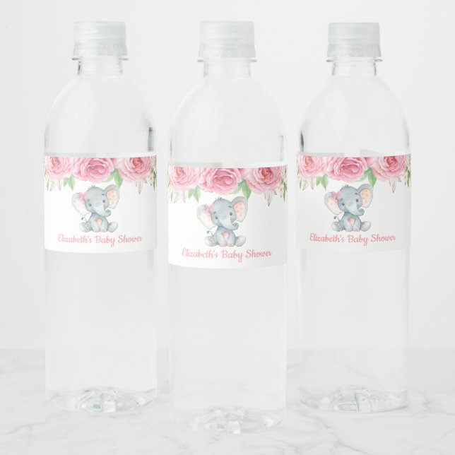 Pink Roses Elephant Baby Shower 1st Birthday Party Water Bottle Label (Bottles)