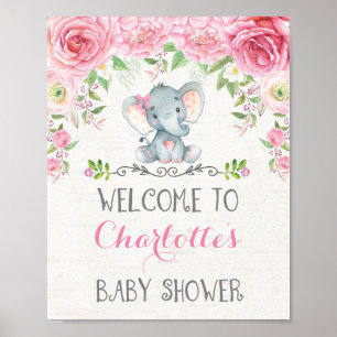 Pink Roses Elephant Baby Shower Welcome Sign