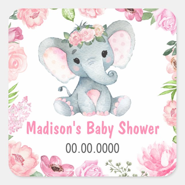 Pink roses elephant girl label sticker (Front)