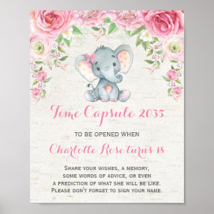 Pink Roses Elephant Time Capsule 1st Birthday Sign