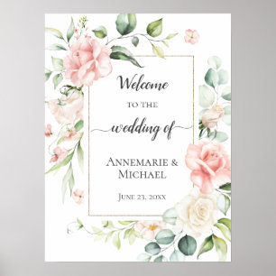 Pink Roses Eucalyptus 18x24 Welcome To The Wedding Poster