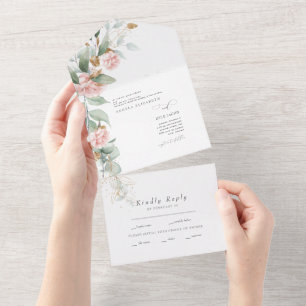 Pink Roses Eucalyptus Both Parents Wedding All I In One Invitation