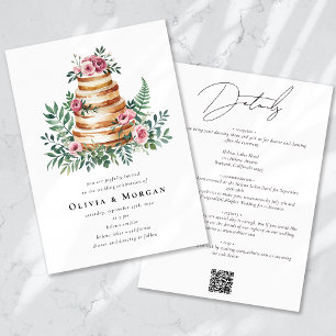 Pink Roses Eucalyptus Cake QR Code Wedding Invitation
