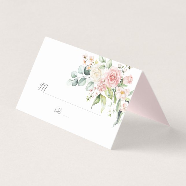 Pink Roses Eucalyptus Greenery Wedding Place Card (Front)