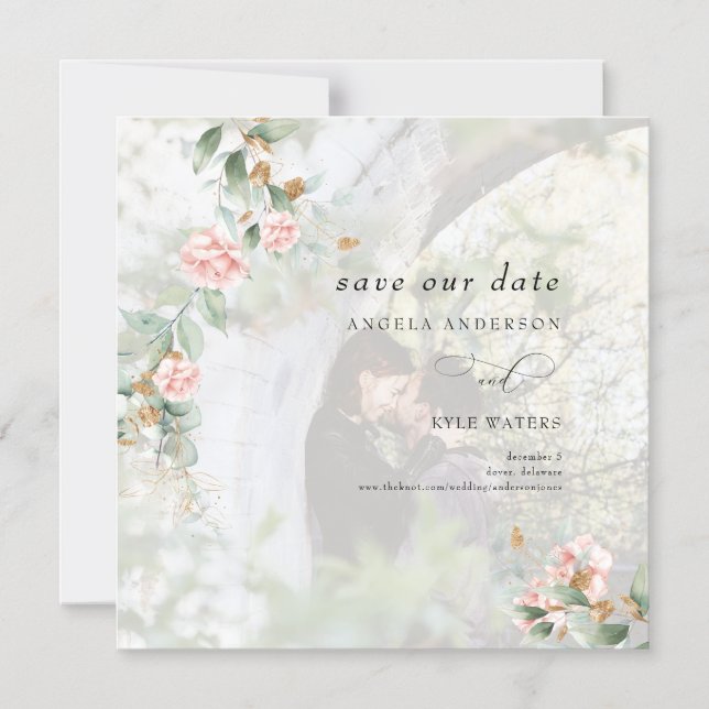  Pink Roses Eucalyptus Photo Save the Date Magnetic Invitation (Front)