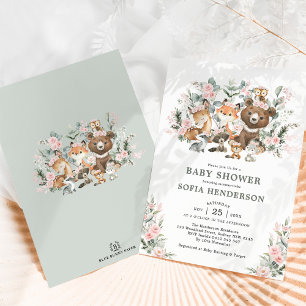 Pink Roses Eucalyptus Woodland Animals Baby Shower Invitation