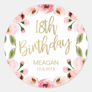 Pink roses Faux Gold Calligraphy 18th birthday Classic Round Sticker
