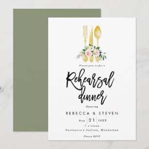 pink roses faux gold rehearsal dinner invitation