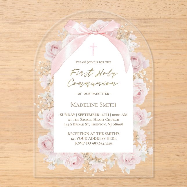 pink roses First Holy Communion Acrylic Invitations (Front)