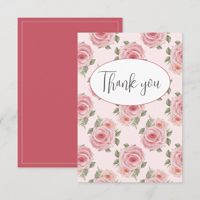 Pink Roses Flat Thank You Card (Front/Back)