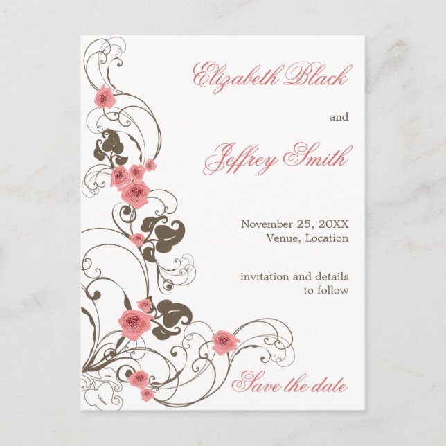 Pink Roses Fleur Elegant Save The Date Postcard (Front)