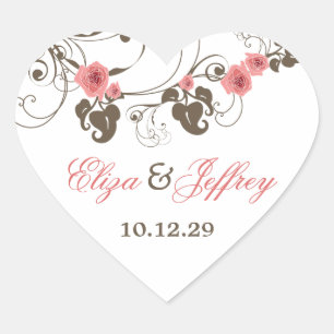 Pink Roses Fleur Floral Elegant Vintage Wedding Heart Sticker