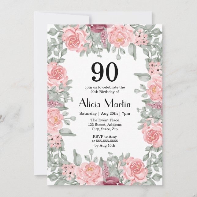 Pink Roses Flora Greenery White 90th Birthday Invitation (Front)