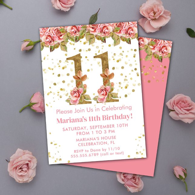 Pink Roses Floral 11th Birthday Party Invitation (Creator Uploaded)