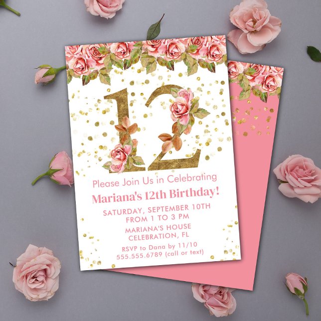 Pink Roses Floral 12th Birthday Party Invitation (Creator Uploaded)
