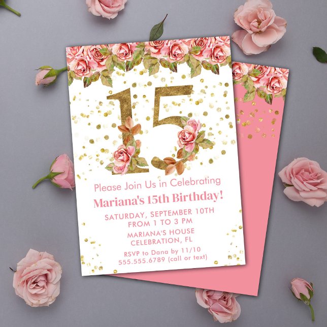 Pink Roses Floral 15th Birthday Party Invitation (Creator Uploaded)