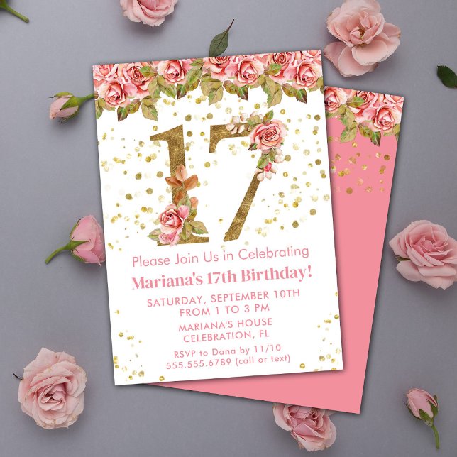 Pink Roses Floral 17th Birthday Party Invitation (Creator Uploaded)