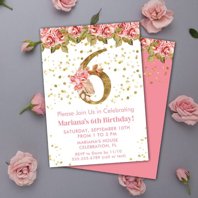 Pink Roses Floral 6th Birthday Party Invitation (Creator Uploaded)