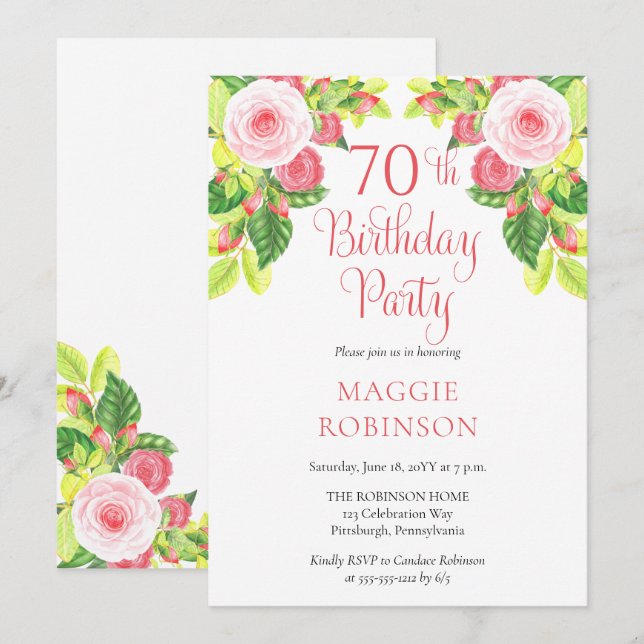 Pink Roses Floral 70th Wedding Birthday Party  Invitation (Front/Back)