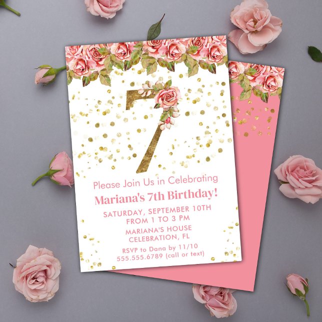 Pink Roses Floral 7th Birthday Party Invitation (Creator Uploaded)
