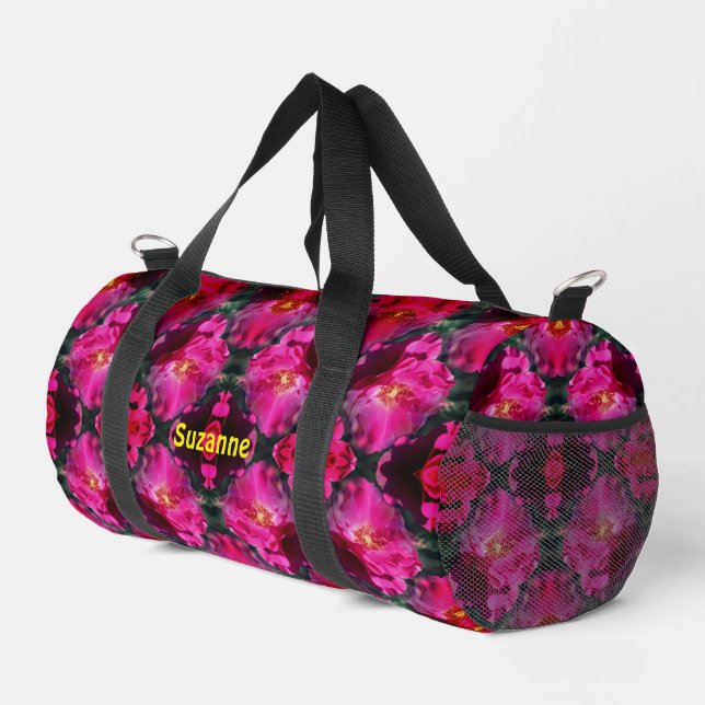 Pink Roses Floral Abstract Personalised Duffle Bag (Right Corner)