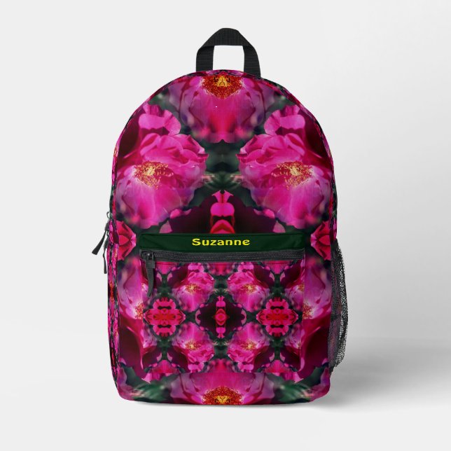 Pink Roses Floral Abstract Personalised Printed Backpack (Front)