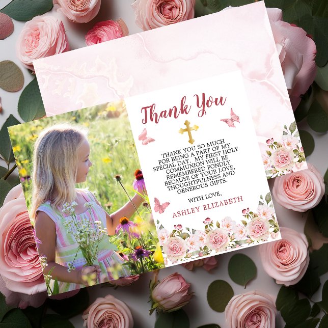 Pink Roses Floral and Butterflies First Communion  Thank You Card (Pink Rose Floral with Pink Butterflies and Gold Tone Trinity Cross Photo Thank You Card)
