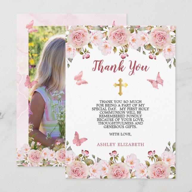 Pink Roses Floral and Butterflies First Communion  Thank You Card (Front/Back)