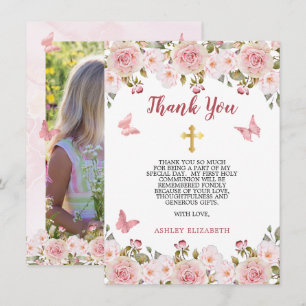 Pink Roses Floral and Butterflies First Communion  Thank You Card