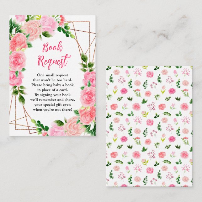 Pink Roses Floral Baby Shower Book Request Enclosure Card (Front/Back)