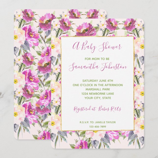 Pink Roses Floral Baby Shower Invitation (Front/Back)