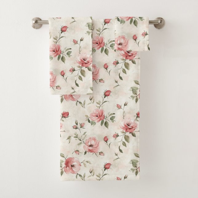 Pink Roses Floral  Bath Towel Set (Insitu)