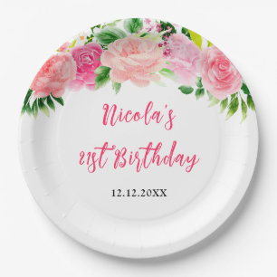 Pink Roses Floral Birthday Paper Plate