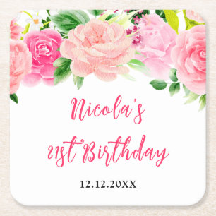 Pink Roses Floral Birthday Square Paper Coaster