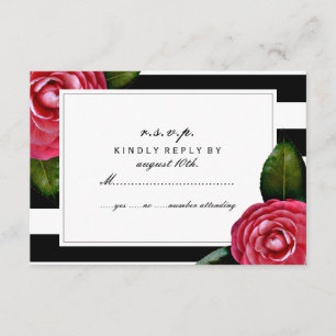 Pink Roses Floral Black + White Stripe RSVP Card