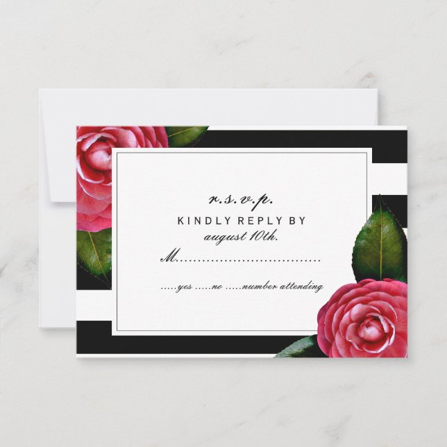 Pink Roses Floral Black + White Stripe RSVP Card (Front)