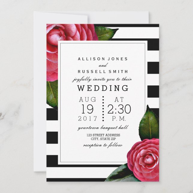 Pink Roses Floral Black + White Stripe Wedding Invitation (Front)