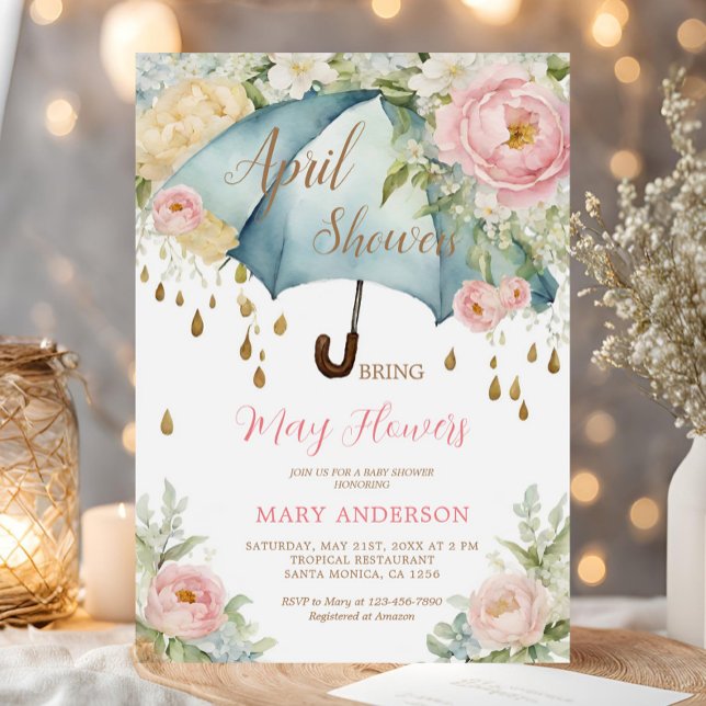 Pink Roses Floral Blue Umbrella April Showers Invitation (Creator Uploaded)