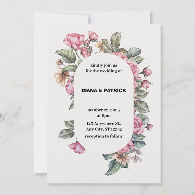 Pink Roses Floral Boho Elegant Watercolor Wedding  Invitation (Front)